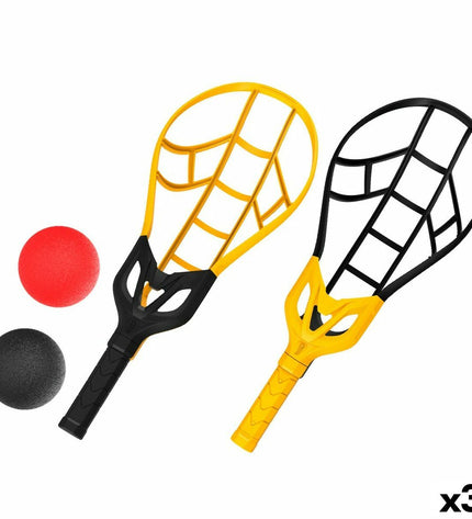 Wham-O racquet set with three lightweight plastic racquets in vibrant colors, suitable for outdoor sports and play.