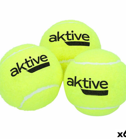 Set of six yellow Aktive paddle tennis balls with three components, designed for outdoor sport and paddle tennis play.