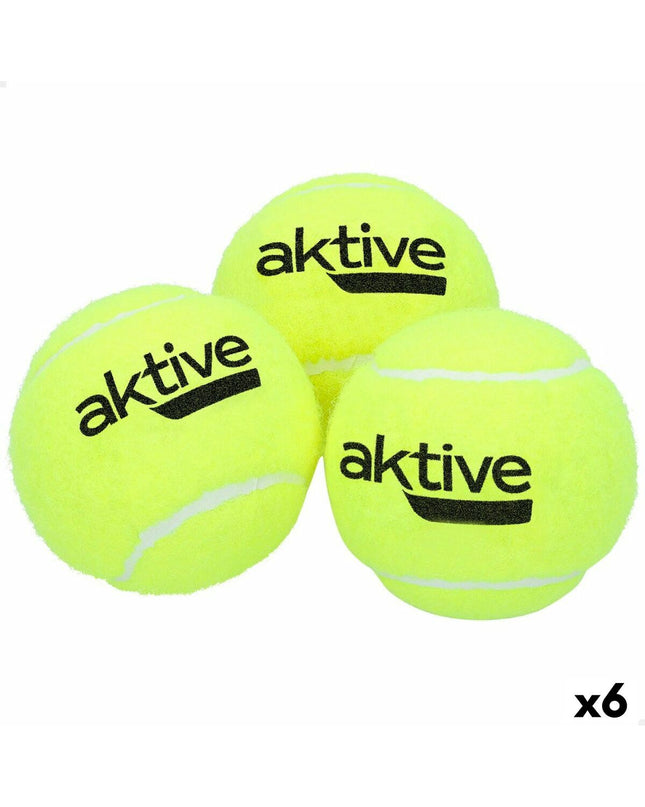 Set of six yellow Aktive paddle tennis balls with three components, designed for outdoor sport and paddle tennis play.