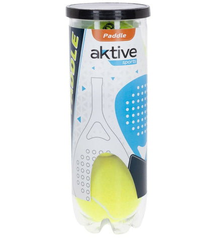 Set of six yellow Aktive paddle tennis balls with three components, suitable for outdoor sport and paddle tennis play.