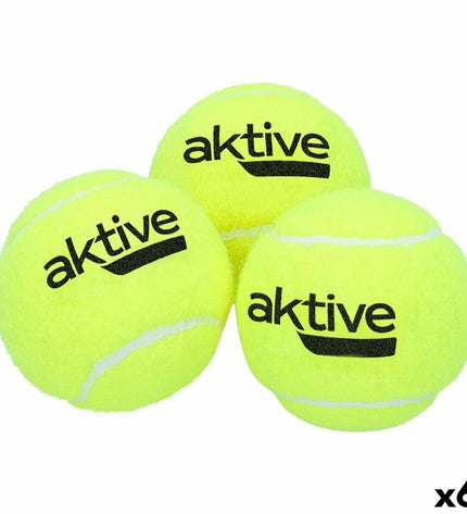 Six yellow Aktive Tennisballen Aktive Pro 3 tennis balls for sport and outdoor play, shown in a close-up image.