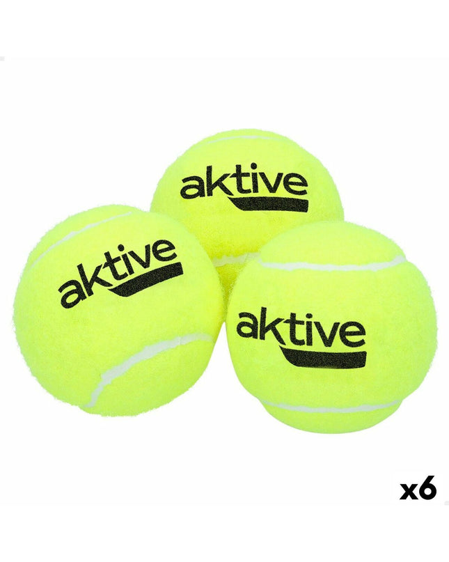 Six yellow Aktive Tennisballen Aktive Pro 3 tennis balls for sport and outdoor play, shown in a close-up image.