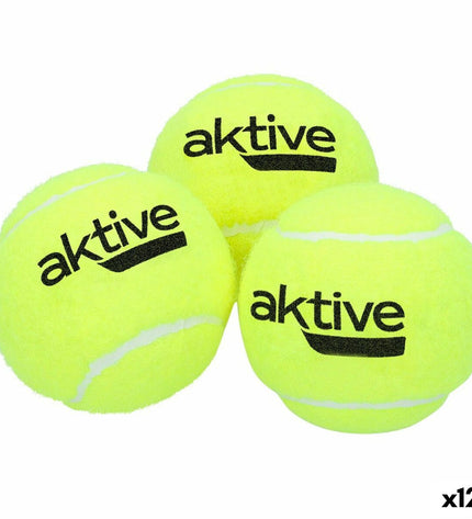 Set of 12 yellow Aktive tennis balls with three components, ideal for tennis and outdoor sports.