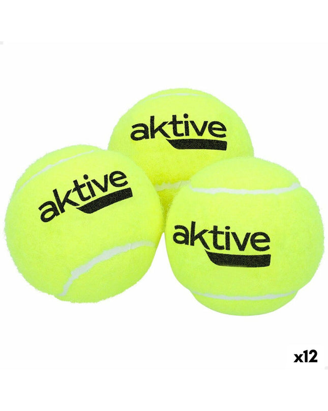 Set of 12 yellow Aktive tennis balls with three components, ideal for tennis and outdoor sports.