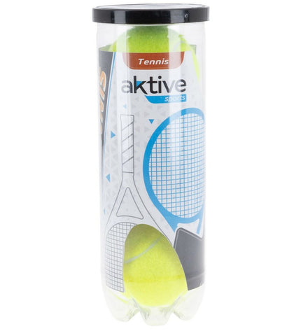 Set of 12 yellow Aktive tennis balls with 3 parts, suitable for sport and outdoor tennis activities.