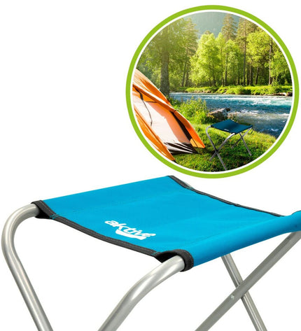 Set of four blue Aktive foldable camping chairs with seat dimensions 30x37x40 cm, ideal for outdoor camping and hiking.