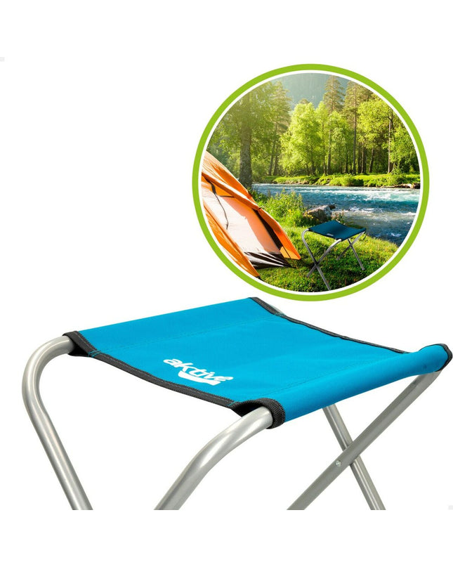 Set of four blue Aktive foldable camping chairs with seat dimensions 30x37x40 cm, ideal for outdoor camping and hiking.