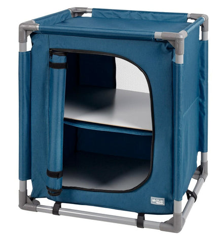 Two blue Aktive camping cabinets, foldable with dimensions 56x66x46 cm, suitable for outdoor camping and hiking.