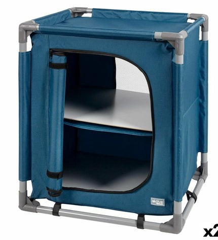 Pair of Aktive blue folding camping cabinets for outdoor use, measuring 56x66x46 cm, ideal for camping and hiking storage.