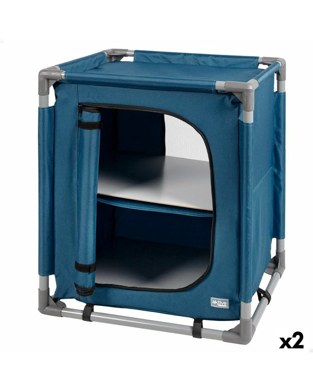 Pair of Aktive blue folding camping cabinets for outdoor use, measuring 56x66x46 cm, ideal for camping and hiking storage.