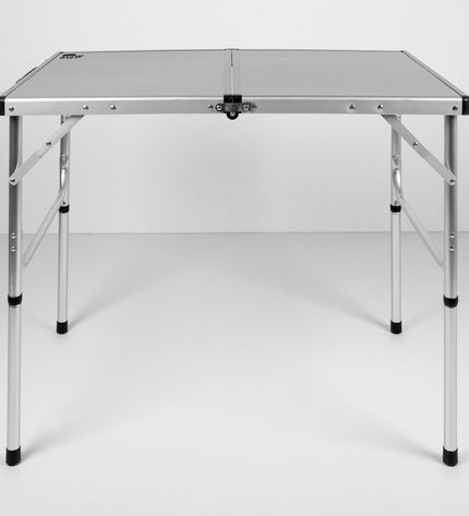 Two gray Aktive folding camping tables, 90x70x60 cm, set up outdoors for camping or outdoor activities.