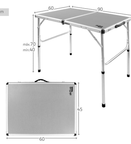 Set of two Aktive gray folding camping tables with dimensions 90x70x60 cm, suitable for outdoor camping and outdoor activities.