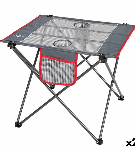 Pair of gray Aktive folding camping tables with 62x50x50 cm dimensions, suitable for outdoor camping and hiking activities.