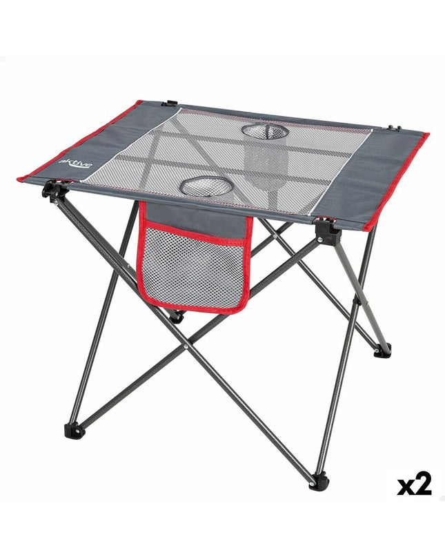 Pair of gray Aktive folding camping tables with 62x50x50 cm dimensions, suitable for outdoor camping and hiking activities.