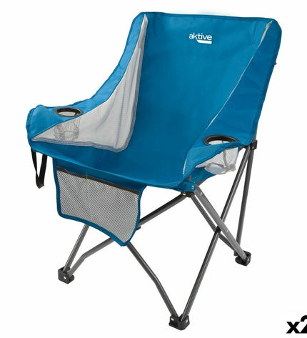 Pair of Aktive blue folding camping chairs with armrests, compact size 48x86x50 cm, for outdoor camping and hiking.