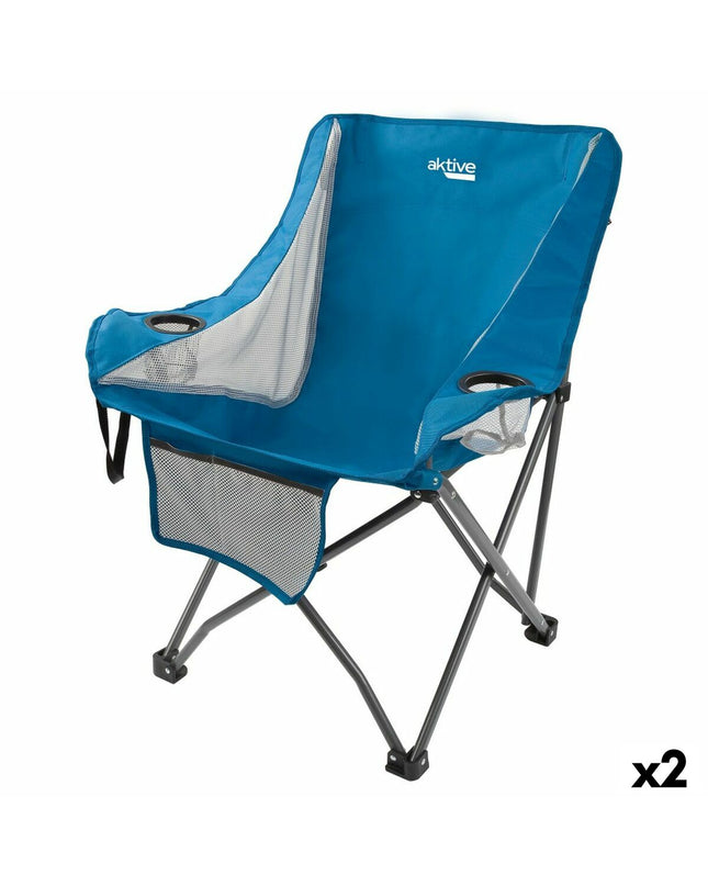 Pair of Aktive blue folding camping chairs with armrests, compact size 48x86x50 cm, for outdoor camping and hiking.