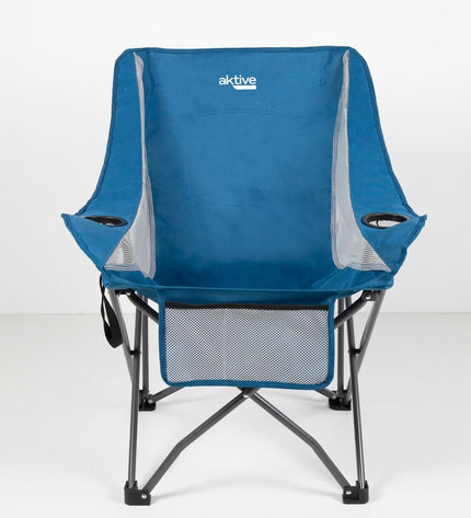 Two Aktive blue foldable camping chairs with dimensions 48 x 86 x 50 cm, suitable for outdoor camping and outdoor activities.