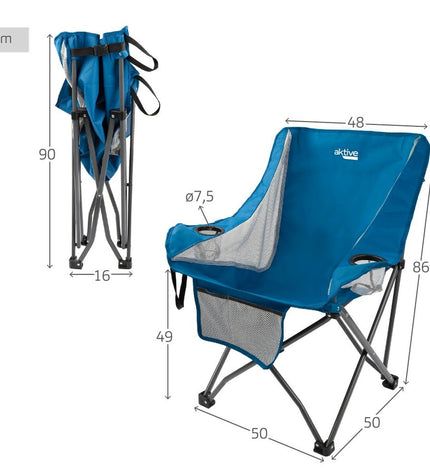 Pair of Aktive blue folding camping chairs, lightweight outdoor seats with 48x86x50 cm dimensions for camping and outdoor activities.