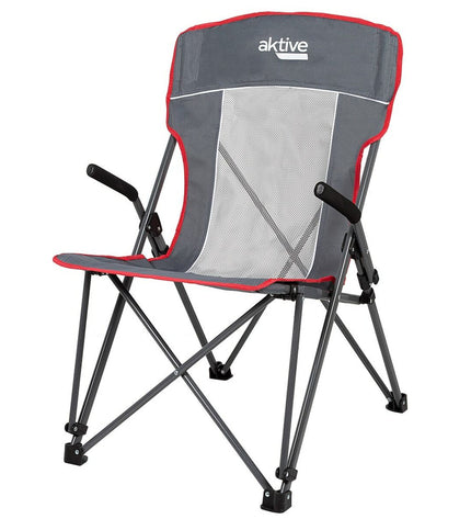 Two grey Aktive foldable camping chairs with armrests, compact for outdoor camping and hiking, measuring 59x97x68 cm.