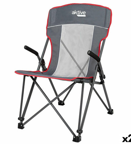 Two Aktive grey folding camping chairs with 59x97x68 cm size, suitable for outdoor camping and hiking activities.