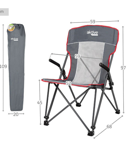 Pair of Aktive gray folding camping chairs with armrests, lightweight and portable for outdoor camping and hiking activities.