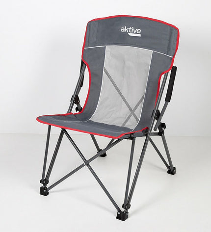 Two Aktive grey foldable camping chairs with armrests, measuring 59x97x68 cm, suitable for outdoor camping and hiking.