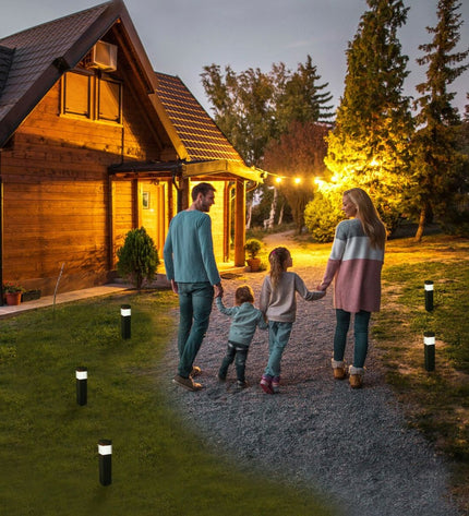 Set of four Aktive solar garden lights with plastic construction, measuring 6x39.5x6 cm, for outdoor decoration.