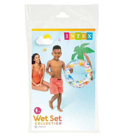 Inflatable floating donut from Intex, 51 cm diameter, shown in bright colors, designed for outdoor water play and pool fun.