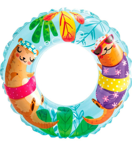 Inflatable floating donut in bright colors, Intex brand, 61 cm diameter, designed for pool fun, with multiple donuts in the image.