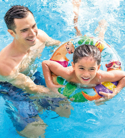 Inflatable floating donut pool toy by Intex, 61 cm diameter, set of 36, suitable for outdoor water play and pool fun.