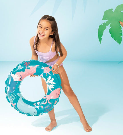Inflatable floating donut toy by Intex, 61 cm diameter, set of 36, suitable for outdoor water play and swimming fun.