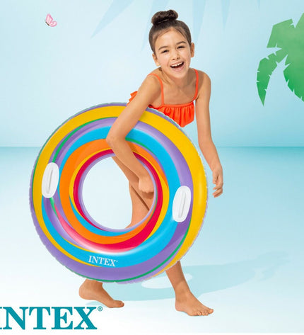 Set of 24 Intex inflatable floating donuts, 91 cm diameter, colorful pool toys for outdoor fun and water play.