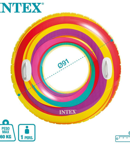 Set of 24 Intex inflatable floating donuts, 91 cm diameter, colorful pool toys for games and outdoor fun.