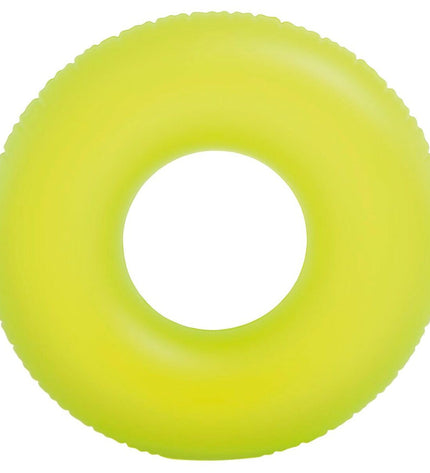Set of 24 neon inflatable floating donuts by Intex, each measuring 91x91 cm, ideal for pool toys and outdoor fun.