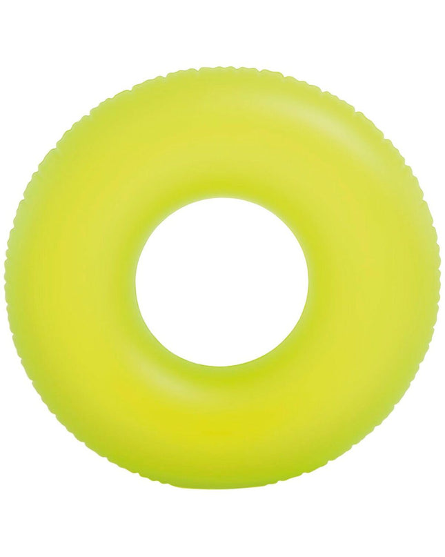 Set of 24 neon inflatable floating donuts by Intex, each measuring 91x91 cm, ideal for pool toys and outdoor fun.