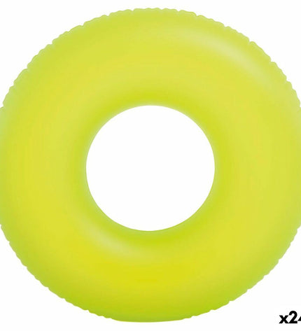 Set of 24 neon inflatable floating donut toys by Intex, 91x91 cm, perfect for outdoor water play and pool fun.