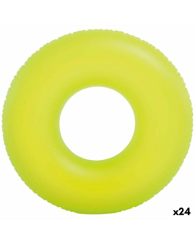 Set of 24 neon inflatable floating donut toys by Intex, 91x91 cm, perfect for outdoor water play and pool fun.