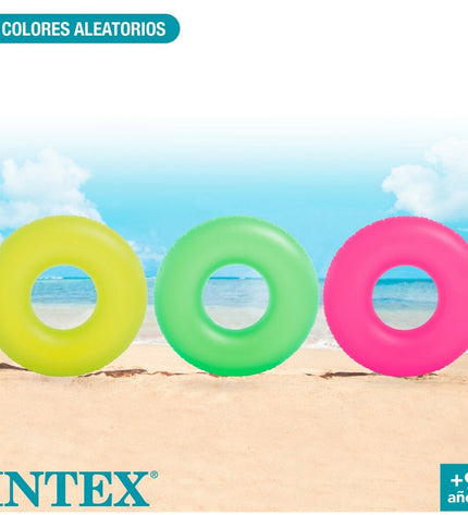 Set of 24 inflatable neon yellow donut pool floats by Intex, 91x91 cm, perfect for swimming and outdoor fun.
