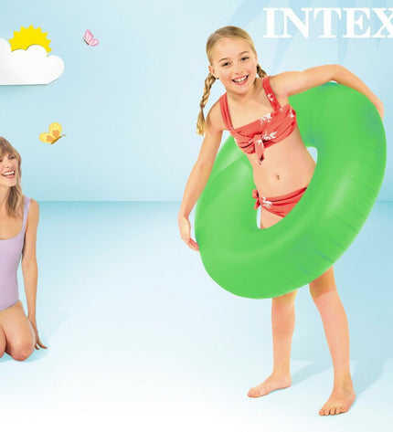 Set of 24 inflatable neon blue and pink donut pool floats by Intex, 91 cm in diameter, for outdoor swimming and pool fun.