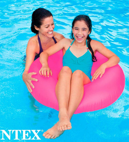 Set of 24 neon blue inflatable floating donuts from Intex, each measuring 91x91 cm, for pool fun and outdoor activities.