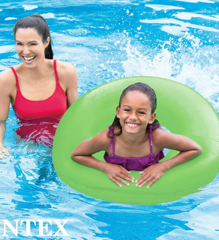 Set of 24 neon inflatable donut pool floats by Intex, 91 cm in diameter, perfect for swimming pools and outdoor fun.