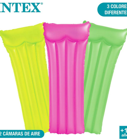 Inflatable neon air mattress by Intex, 183 x 76 cm, shown in vibrant neon colors, ideal for outdoor play and relaxation.