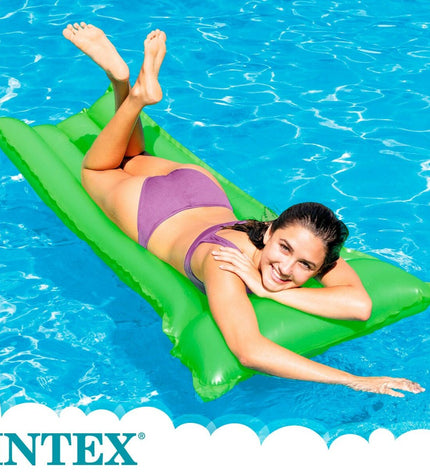 Inflatable Intex Neon mattress, 183x76 cm, used for outdoor activities and pool games, shown in a colorful, inflated state.