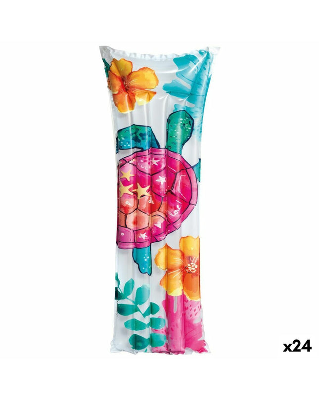 Intex inflatable tropical-themed mattress 183x14x69 cm, shown in vibrant colors, perfect for outdoor play and relaxation.