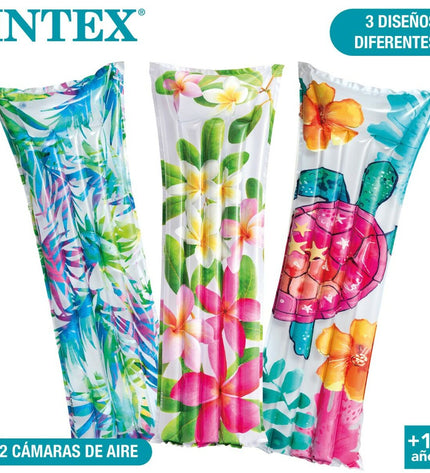 Set of 24 Intex tropical inflatable mattresses, 183x69x14 cm, suitable for outdoor and recreational use, with vibrant tropical design.