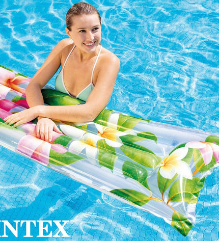 Set of 24 Intex tropical inflatable mattresses, 183 x 14 x 69 cm, for outdoor and recreational use, stacked and inflated.