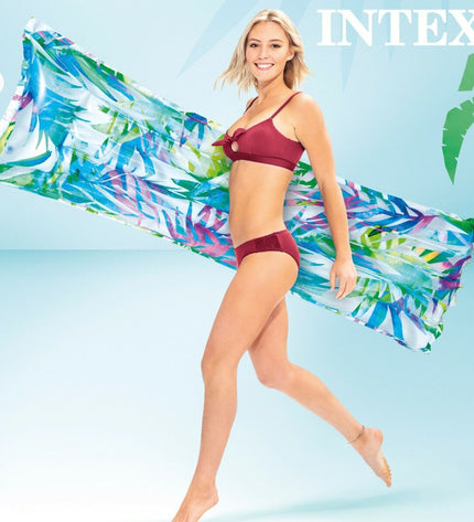 Set of 24 Intex inflatable tropical mattresses, 183x69 cm, ideal for outdoor play and water activities, shown in a stacked arrangement.