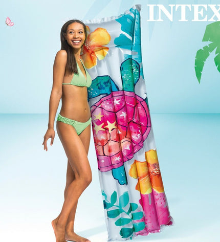 Intex tropical inflatable mattress, 183x69cm, stacked in a row, suitable for outdoor and poolside lounging, vibrant tropical design.