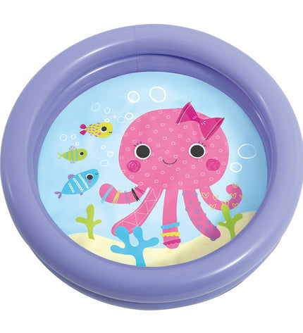 Intex octopus inflatable kiddie pool in purple, 61 x 15 x 61 cm, suitable for outdoor play, with 36 pieces included.