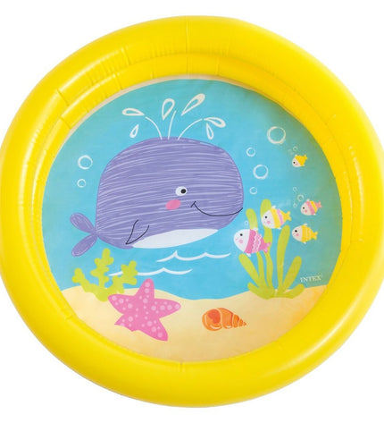 Intex inflatable children's octopus swimming pool in purple, 61x15x61 cm, ideal for outdoor play, with 36 pieces included.